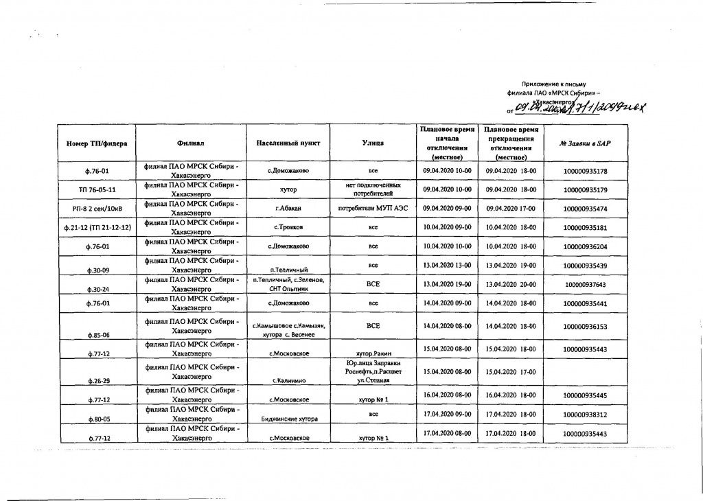График временного отключения